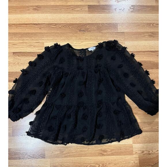 Anthropologie THML Matapolo Black Sheer Pom Fringe Blouse Size Small Boho Chic - Picture 4 of 5